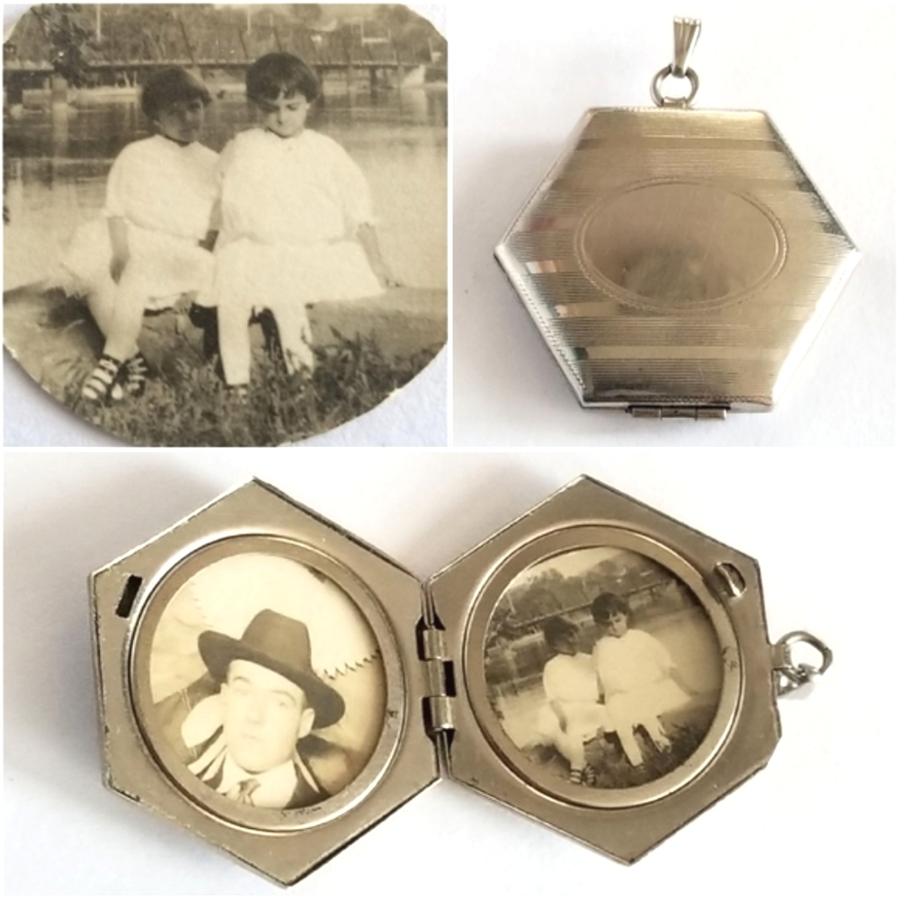 Vintage locket with original photos silver tone 6 sided hexagonal pendant